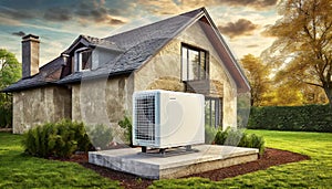 Air Source Heat Pump on a Concrete Base on the Outside of a House - Generative Ai