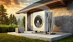 Air Source Heat Pump on a Concrete Base on the Outside of a House - Generative Ai