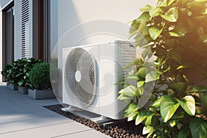 Air source heat pump installed at residential building outdoors