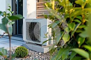 Air source heat pump installed in residential building, showcasing energy efficiency and eco friendly heating and cooling