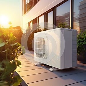 Air Source Heat Pump in Modern Residential Backyard, Sustainable Clean Energy, Golden Hour, Generative AI