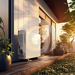 Air Source Heat Pump in Modern Residential Backyard, Sustainable Clean Energy, Golden Hour, Generative AI