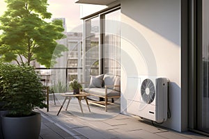 Air Source Heat Pumps installed on exterior of modern house. Generative AI