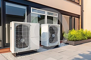 Air source heat pumps installed on the garden front of a modern house. Renewable energy concept
