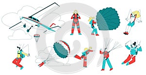 Air Sport with People Character Parachuting and Skydiving Vector Set