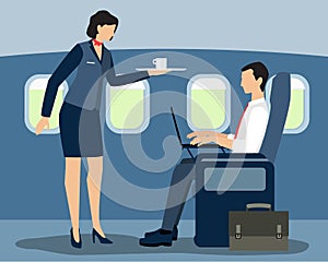 Air stewardess serving first class passenger vector flat illustration