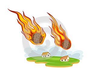 Air Stones Flying with Flame Tails as Natural Cataclysm Vector Illustration