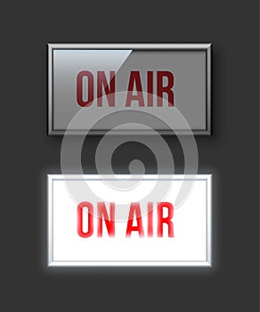 On air switched off and glowing red sign vector illustration. Live show banner. News, radio and television broadcast