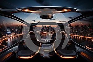 Air taxi and city view at night. Air vehicle. Personal air transport. Autonomous aerial taxi. Flying car. Urban aviation.