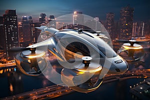 Air taxi and city view at night. Air vehicle. Personal air transport. Autonomous aerial taxi. Flying car. Urban aviation.