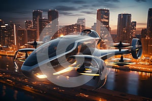 Air taxi and city view at night. Air vehicle. Personal air transport. Autonomous aerial taxi. Flying car. Urban aviation.