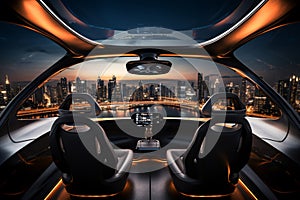 Air taxi window view of city at night. Air vehicle. Personal air transport. Autonomous aerial taxi. Flying car. Urban aviation.