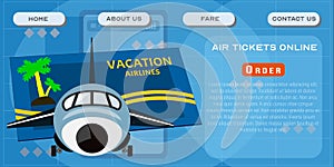 Air tickets online site template. Passenger aviation transport services header poster design. Vector illustration of airlines