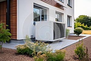 Air to air heat pump for cooling or heating the home. Outdoor unit powered of cooling system. Free space for text