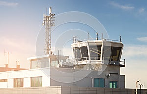 Air traffic control building and tower in a small airport.