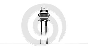 Air traffic control one continuous line illustration. Radar and control tower. Civil aviation safety.