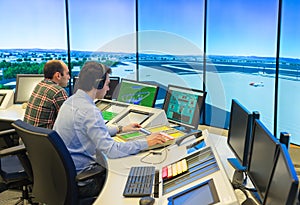 Air Traffic Controllers in air traffic simulator center