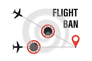 Air traffic stop. Prohibition, flight ban icon. Coronavirus pandemic. Black airplane sign. Forbidden passenger air travel symbol