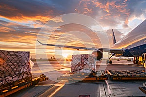 Air transport shipment prepare for loading to modern freighter jet aircraft at the airport.