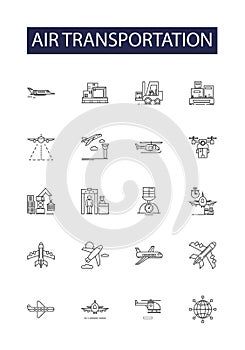 Air transportation line vector icons and signs. Transportation, Flying, Airlines, Journey, Flight, Travel, Aeroplane photo