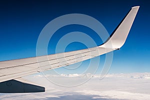 Air travel above clouds and mountains