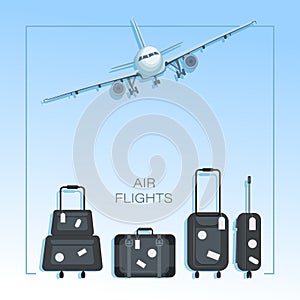 Air travel. Airplane, luggage. Poster, background with place for text. Flat style concept