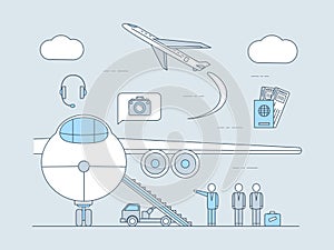 Air travel application vector outline illustration. Plane with ramp, flying plane, passports with tickets and airport