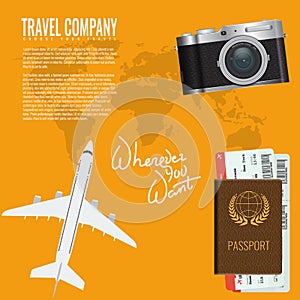 Air travel banner or advertisement poster with camera, passport airline ticket and top view airplane.