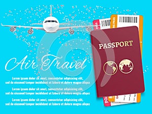 Air travel banner with world map airplane passport