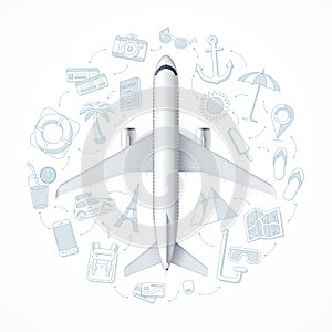 Air travel concept with an airplane and a set of tourism, vacation, journey, travel icons.