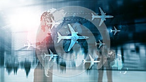 Air travel concept. Airplane on world map Blured Business background