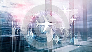Air travel concept. Airplane on world map Blured Business background.