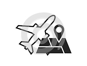 air travel destination icon. plane and map. vacation and journey symbol. black and white image for tourism design