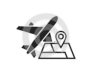 air travel destination icon. plane and map. vacation and journey symbol. black and white vector image for tourism design