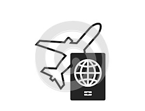 air travel icon. plane and passport. vacation and journey symbol. black and white vector image for tourism design