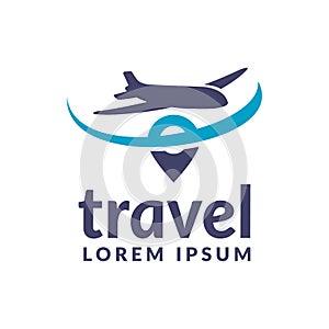 Air travel icon. Travel logo. Pin logo. Location on map logo concept. Plane icon. Plane logo. Plane vector. Airplane logo.