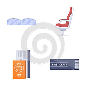 Air travel icons set cartoon vector. Attribute of traveling by plane