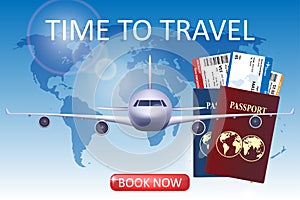 Air travel illustration with airplane. Brochure in tourism theme. Business travel agency advertisement airplane poster