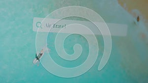 Air Travel inscription on azure sea water background. Illustration of a surfer. Travel concept