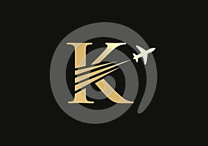 Air Travel Logo Design with K letter. K letter Concept air plane and travel logo