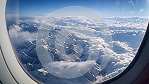 Air travel motion: Animated airplane window view during flight journey.