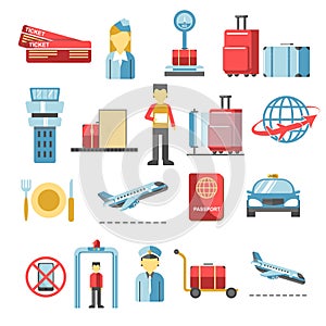 Air travel by plane and airport terminal icons collection
