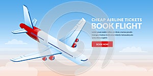 Air travel, plane tickets booking banner design template. Airplane flies in blue sky vector 3d isometric illustration