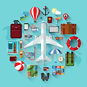 Air travel, planning a summer vacation, tourism, journey in holidays flat icons set