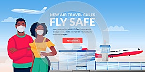 Air travel rules healthy flight concept. African man and woman in medical masks at airport terminal. Vector illustration