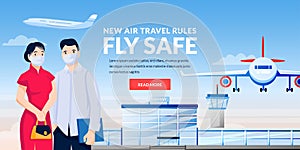 Air travel rules, healthy flight concept. Asian man and woman in medical masks at airport terminal. Vector illustration