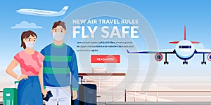 Air travel rules, healthy flight concept. Caucasian man, woman in medical masks at airport terminal. Vector illustration