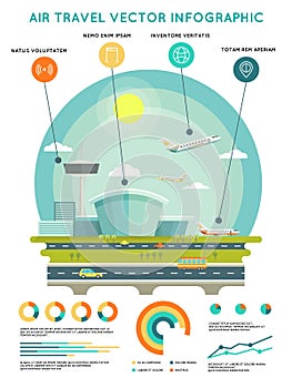 Air travel vector infographic template with airport and aircrafts