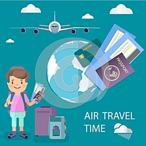 An air traveler with a suitcase holds in his hands tickets and a passport, tourism associated with an airtravel