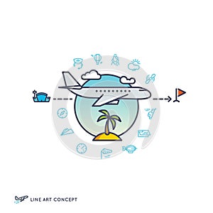 Air travelling, airplane flight concept with linear icons